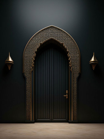 A dark room with a grand, ornate doorway. The archway features intricately carvings and is adorned with gold details. The black door is sleek and stylish.の写真素材
