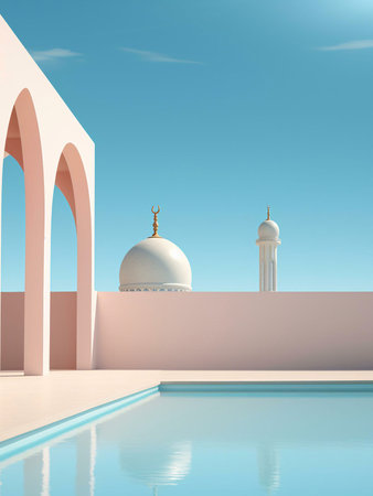 A minimalist mosque architecture with a swimming pool and a blue sky in the background. The image features geometric shapes and clean lines, creating a sense of serenity and peace.の写真素材