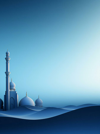 A minimalist illustration of a mosque in the desert with a blue sky and sand dunes.の写真素材