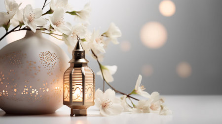 A golden lantern with a candle inside, surrounded by white flowers, on a white table, with a blurred background. The light from the candle creates a warm and inviting atmosphere.の写真素材