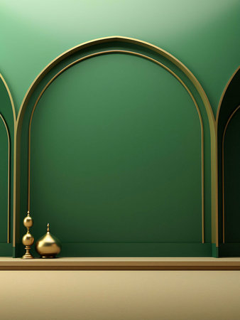 An elegant interior design with a green wall, golden arches and gold ornamentsの写真素材