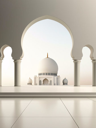 A view of a mosque through a decorative archwayの写真素材