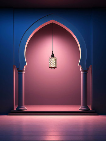 A single ornate lantern hangs from the ceiling of an archway, illuminated against a pink background.の写真素材