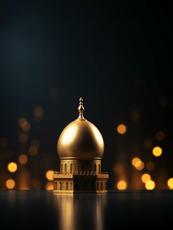 A golden miniature mosque with details sits intricately on a dark surface with a blurred background of golden lights. The image portrays a sense of spirituality and reverence.の写真素材