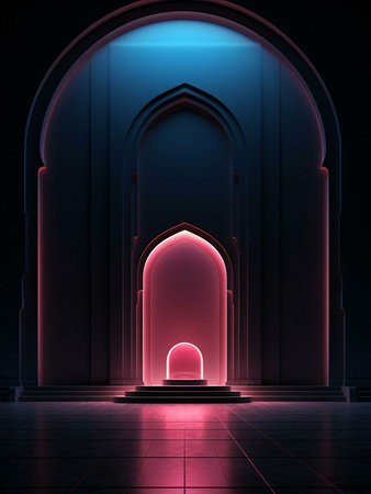 A dark room with three glowing arches, the innermost arch is pink and the outer ones are blue, the image is a futuristic interpretation of traditional architecture.の写真素材