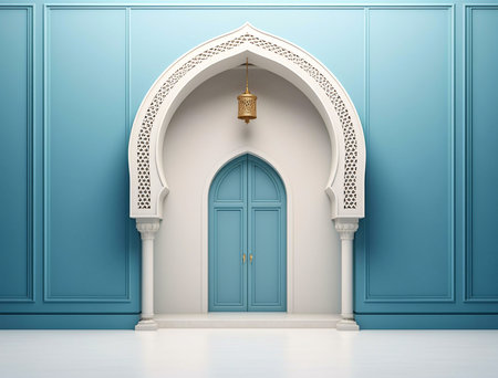 A 3D rendering of an Islamic doorway with intricate carvings and a blue door. The design features a traditional arch, ornate patterns, and a golden lantern hanging above.の写真素材