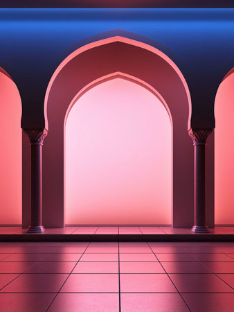 A minimalist digital illustration of arches and columns in a pink and blue interior, creating a modern and abstract design.の写真素材