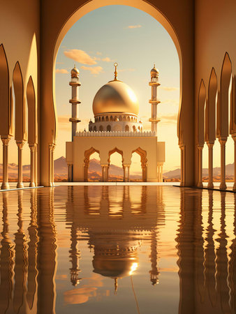 A beautiful view of a golden mosque with a reflecting pool, surrounded by arches, showing the architectural beauty of the mosque.の写真素材