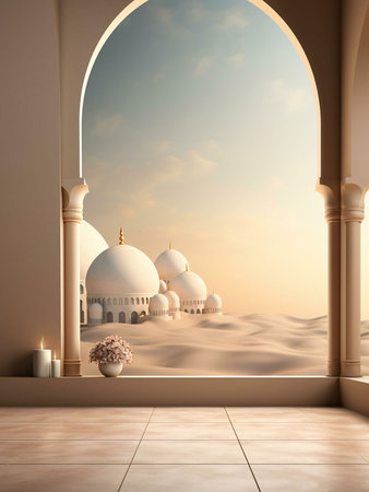 A white mosque viewed through an arched window, with sand dunes in the foreground and a bright blue sky in the background.の写真素材