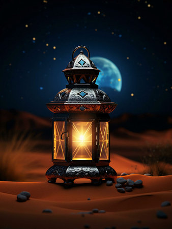 A glowing lantern stands in the desert sand under a night sky illuminated by stars and a crescent moon.の写真素材
