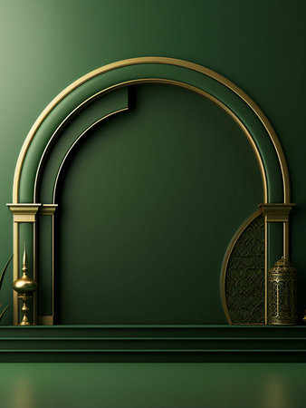 An elegant and modern rendering of Islamic architecture, featuring a golden archway against a green backdrop, adorned with intricate patterns and details.の写真素材