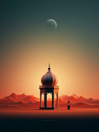 A mosque standing tall in a vast desert, bathed in the warm glow of sunset.