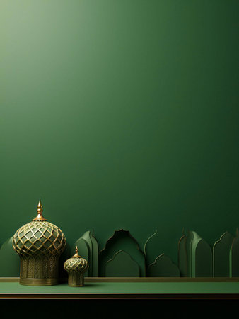 Two Islamic lanterns with intricate patterns on a green background. The lanterns are made of gold and have a traditional design.の写真素材