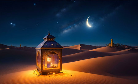 A golden lantern sits in the middle of a desert landscape with a crescent moon shining in the night sky, showcasing a mystical and serene scene.の写真素材