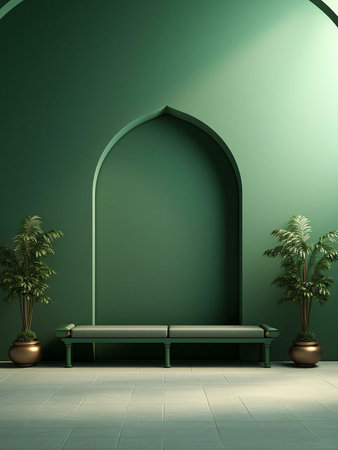 Minimalist interior design with a green wall and an arched doorway, featuring a wooden bench and potted plants.の写真素材