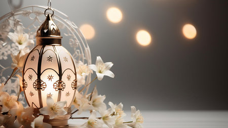 A beautiful golden Ramadan lantern illuminated with a candle, adorned with white flowers against a soft gray background.の写真素材
