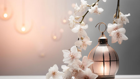 A delicate and beautifully crafted lantern adorned with delicate white blossoms, creating a serene ambiance.の写真素材