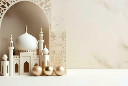 A close-up shot of a white mosque model with golden ornaments against a white marble background.の写真素材