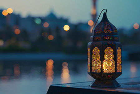A close-up of a decorative metal lantern with a candle inside, illuminating the night. The lantern...