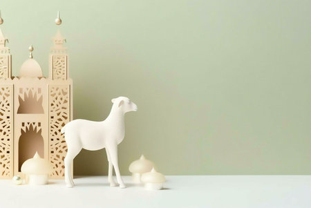 A white sheep figurine standing near a carved mosque decoration against a soft green background. This image symbolizes sacrifice and religious traditions.の写真素材