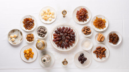 A traditional Ramadan table setting with a variety of dried fruits, nuts and sweetsの写真素材