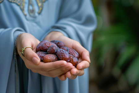 A woman's hands holding a handful of dates, a common fruit in many cultures and a popular snack. The dates are arranged in the palm of the hands with the fingers gently cupped around them.の写真素材