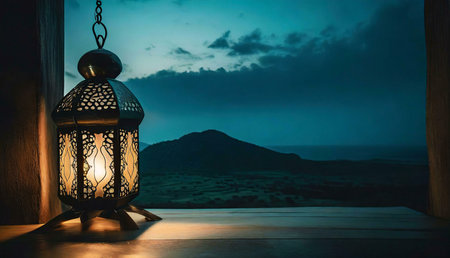 A glowing lantern with intricate designs sits on a wooden surface overlooking a mountain vista as...