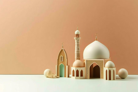 A small mosque model with ornate details, set against a soft beige background, creates a simple yet elegant scene. The model's architectural details are highlighted by the warm color palette and natural light.の写真素材