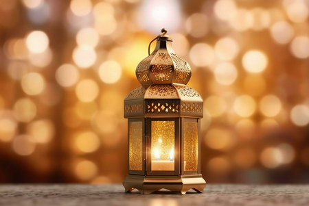 A golden lantern with details stands intricately illuminated against a backdrop of warm, blurry lights, evoking a sense of celebration and festivity.の写真素材