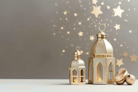 Two golden lanterns with lit candles and a background of sparkling stars, symbolizing the celebration of Ramadan or Eid.の写真素材