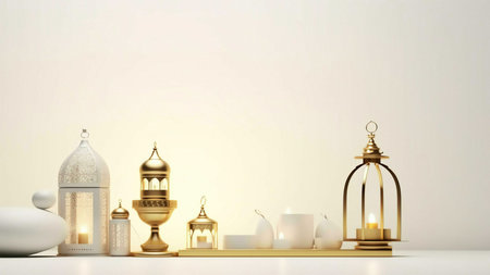 A still life image featuring golden and white lanterns with lit candles, symbolizing the beauty and spirituality of Ramadanの写真素材