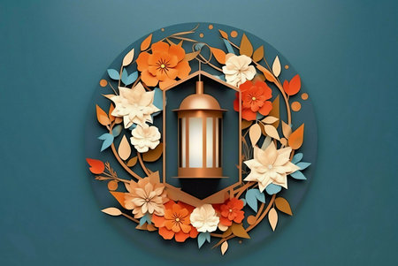 A decorative golden lantern encircled by an intricately floral pattern. The lantern features a delicate design and casts a warm glow, creating a serene and festive atmosphere.の写真素材