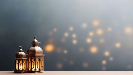 Two traditional golden lanterns on a table with a soft, blurred background, creating a festive and spiritual atmosphere.の写真素材