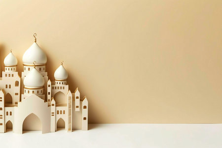 A white paper model of a mosque with gold accents against a beige background.の写真素材