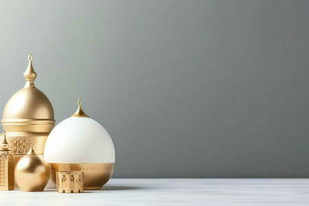 A group of golden Islamic decorations on a table with a gray background.の写真素材