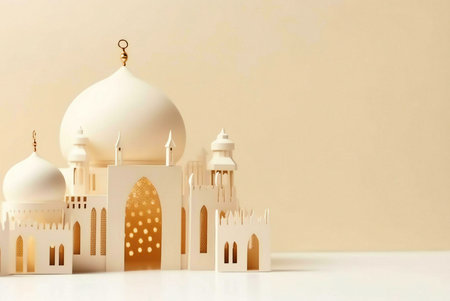 A white paper model of an Islamic mosque with intricate details. The model is set against a cream-colored background.の写真素材