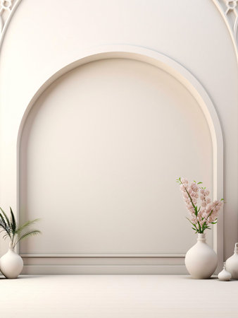 A minimalist interior design featuring a white archway, a blank wall, and simple floral arrangements. The design creates a serene and elegant atmosphere.の写真素材