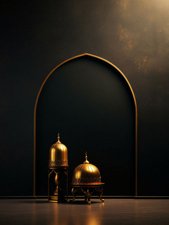 Two golden lamps with ornate designs sit in front of an arched doorway against a dark background, evoking a sense of spirituality and celebration.の写真素材