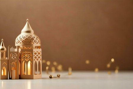 A golden lantern with intricate designs stands on a white surface, illuminated by candlelight. The background is a soft, warm brown.の写真素材