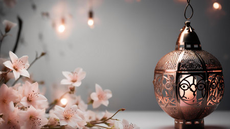 A close-up of a decorative lantern with intricate designs and a candle inside, surrounded by...