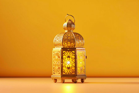 A golden Ramadan lantern with intricate details and a warm glow, lit against a yellow background.