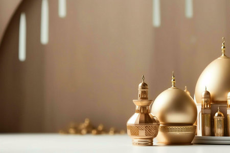 Close-up shot of a golden mosque miniature, capturing intricate details and religious symbolism. The warm color palette evokes a sense of serenity and spirituality.の写真素材
