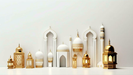 A minimalistic image showcasing Islamic architecture with golden lanterns against a white backdrop.