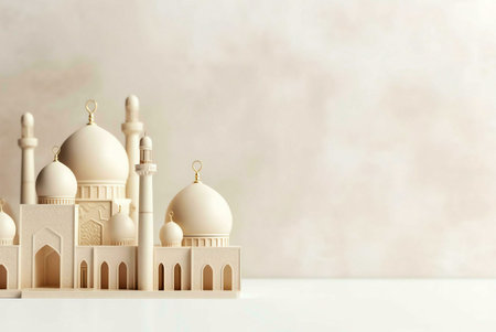 A white model of a mosque with intricate details and golden accents stands against a simple white background. The model is well-lit and appears to be made of a smooth, reflective material. The simplicity of the background allows the viewer to focus on the architectural details of the mosque.の写真素材
