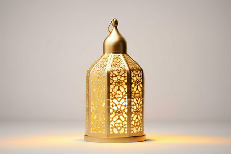 A golden Ramadan lantern with intricate designs on a white backgroundの写真素材