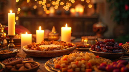 A table set with dates, nuts, and other treats for a celebratory meal. The table is illuminated by candles and the background is blurred.の写真素材