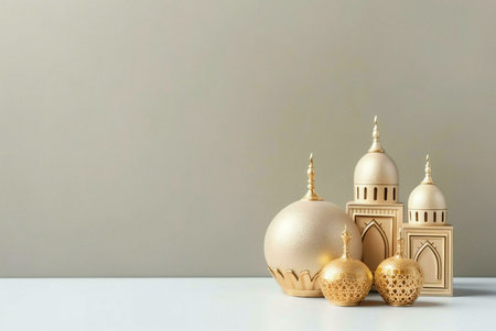 Golden mosques decor intricately with details, arranged on a white surface with a neutral background. The objects create a sense of tranquility and reflect Islamic culture.の写真素材