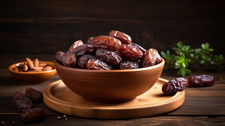 A bowl of dates on a wooden table, with a few almonds in the background. The dates are brown and...