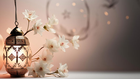 A beautifully decorated gold-tone lantern intricately with floral patterns. White flowers surround the lantern and glow softly, creating a warm and festive atmosphere.の写真素材