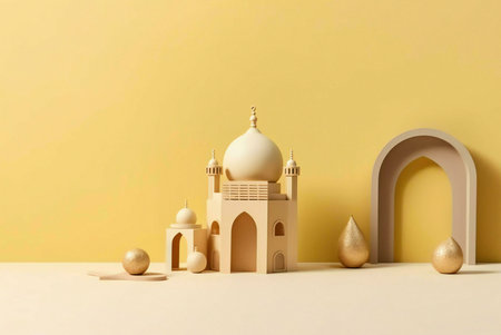 A simple still life photograph showing a mosque model with golden ornaments against a light yellow background.の写真素材